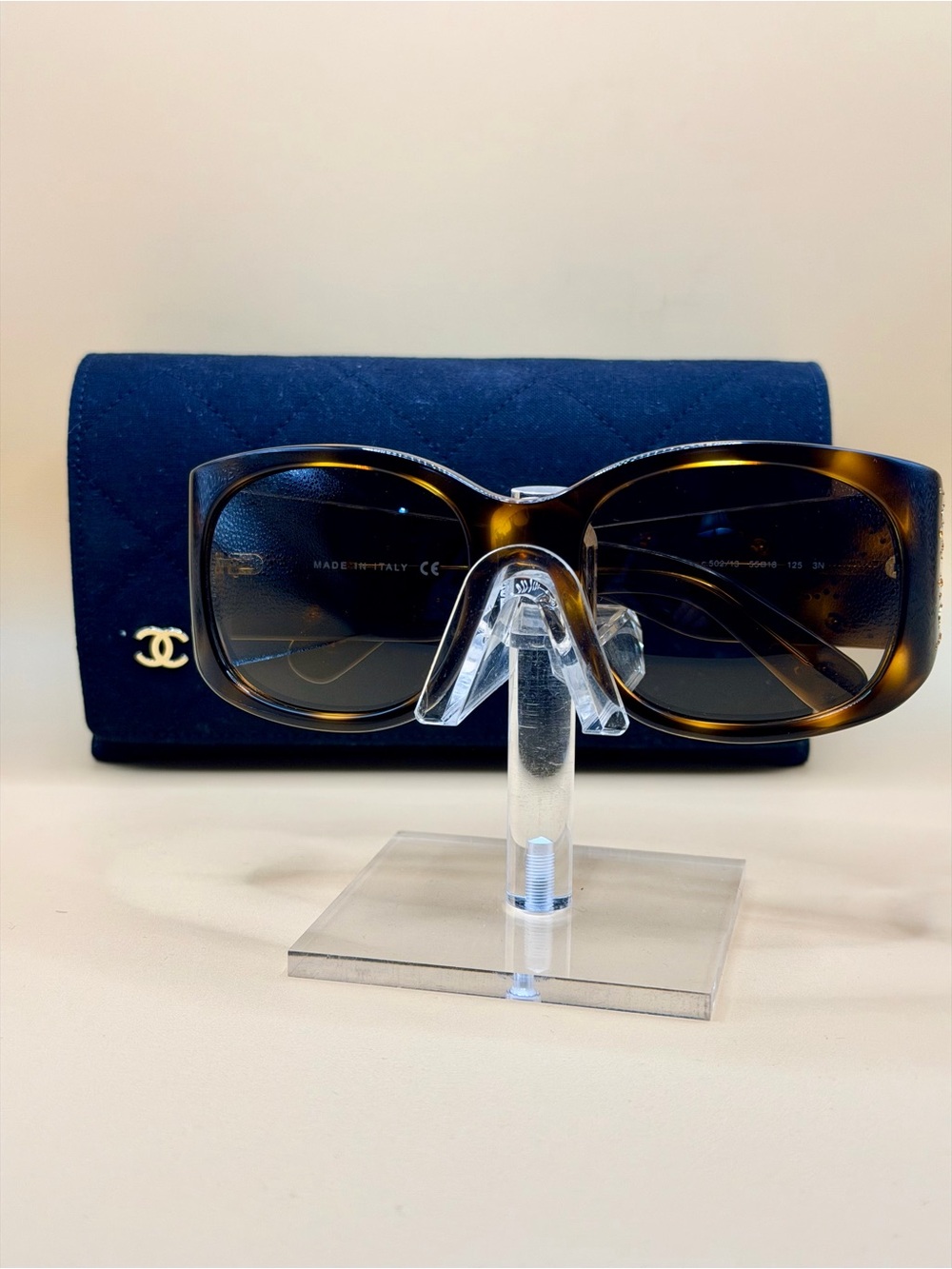 CHANEL Brown Tortoiseshell Square Sunglasses with Black Quilted Case
